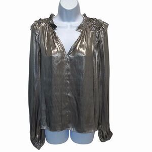 Current Air Womens V-Neck Ruffled Shimmering Long Sleeve Blouse Silver‎ Small
